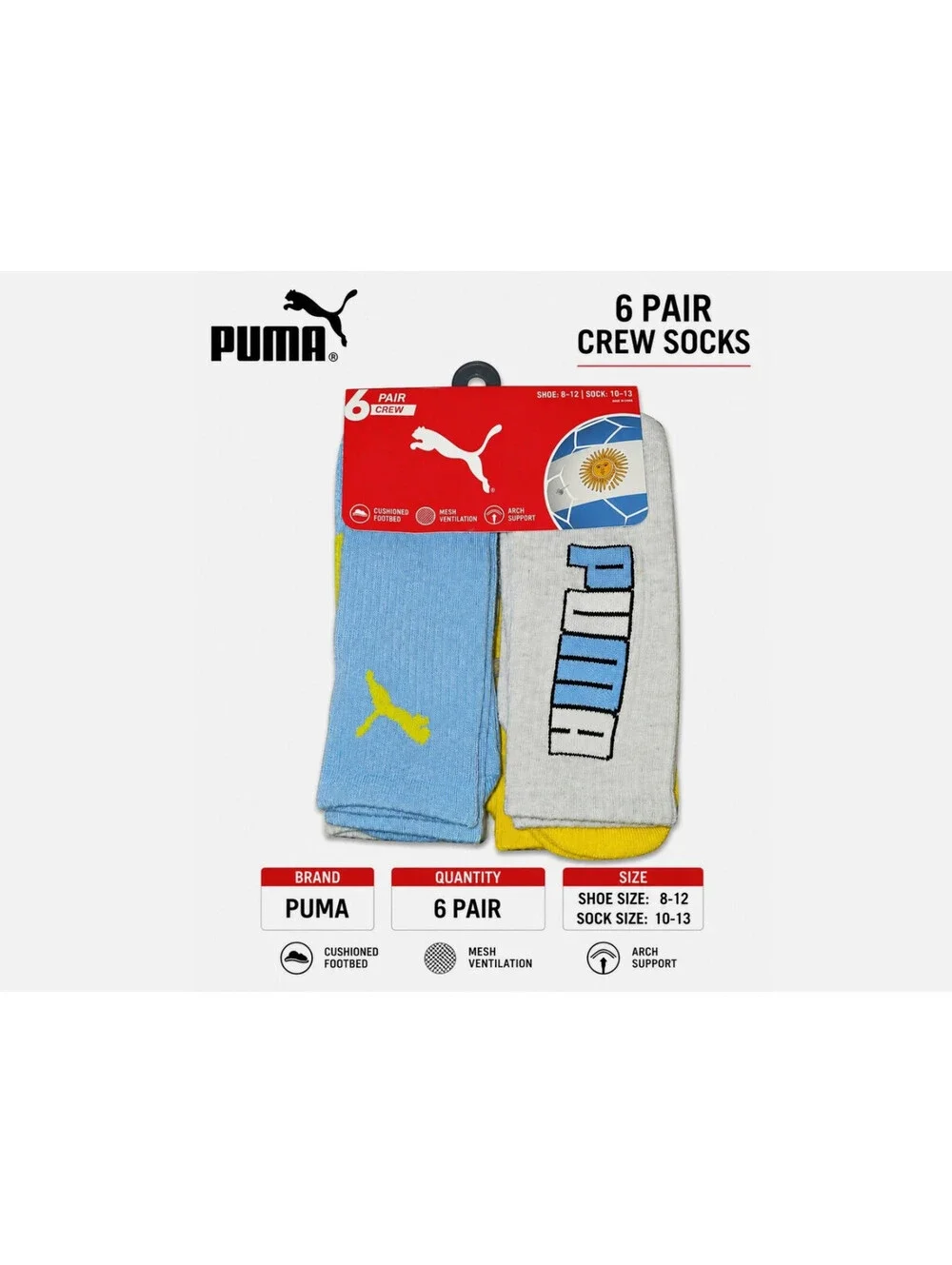 Puma Mens Crew Cushioned Argentina Socks World Cup Soccer Messi Large size 8-12